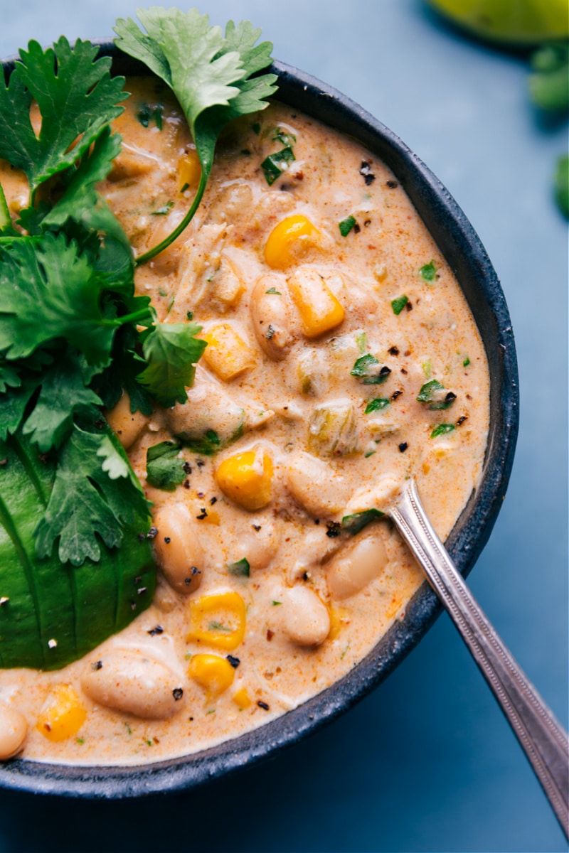 Up-close overhead image of Crockpot White Chicken Chili in a bowl