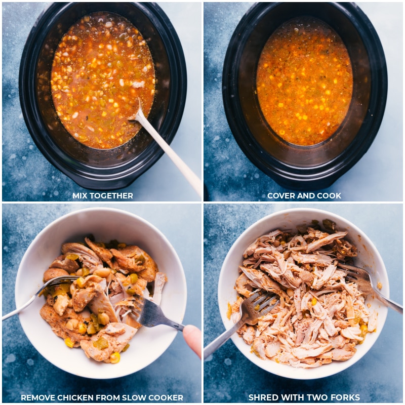 Process shots-- images of the dish being cooked and the chicken being removed and shredded before it's added back to the crockpot