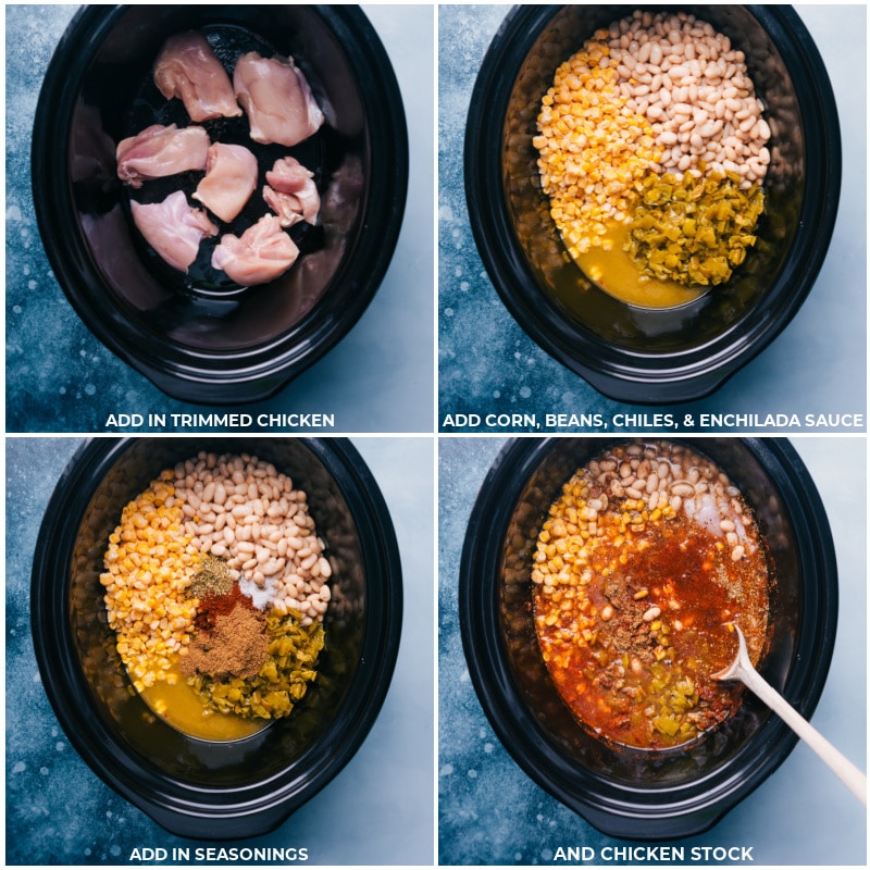 Process shots-- images of the chicken, corn, beans, chiles, enchilada sauce, seasonings, and chicken stock being added to a crockpot