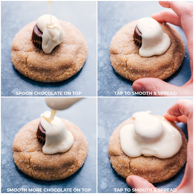 Process shots of Melted Snowman Cookies-- white chocolate being spooned over the peanut butter cup layer