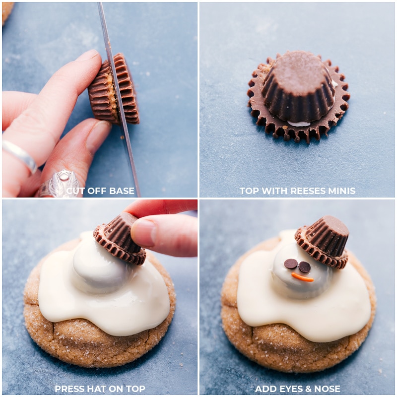 Process shots--cutting the peanut butter cup and making a hat; press hat on top of the head; add eyes and nose.