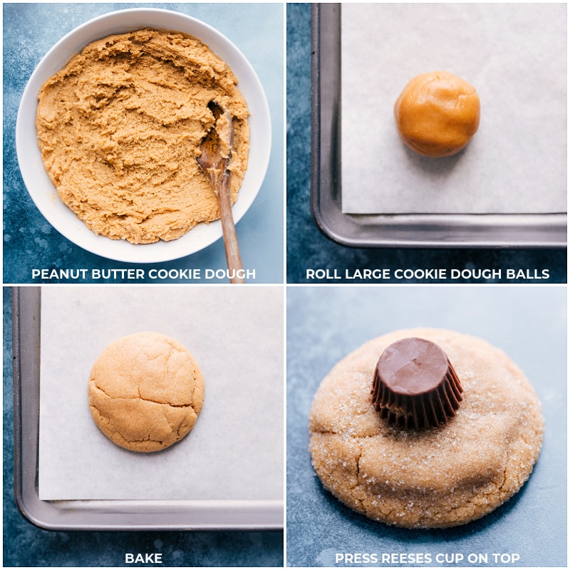 Process shots-- mixing ingredients for peanut butter cookie; rolling dough into balls; baking; topping with a peanut butter cup.