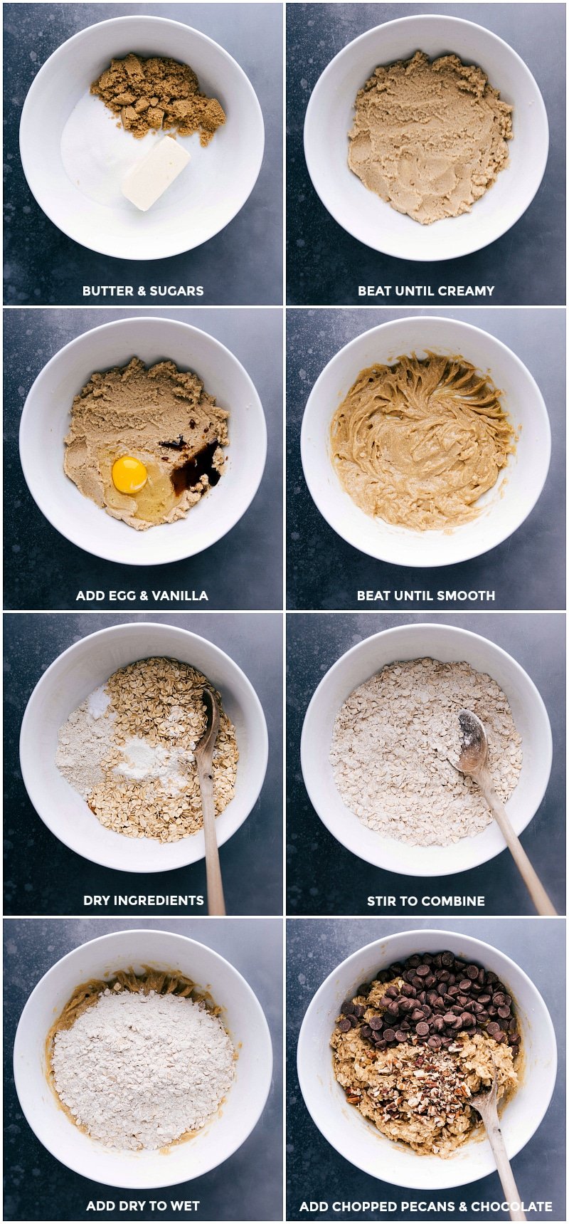 Beating the butter and sugars until creamy, adding egg and vanilla and mixing again, combining dry ingredients with wet ingredients, and adding chopped nuts and chocolate.