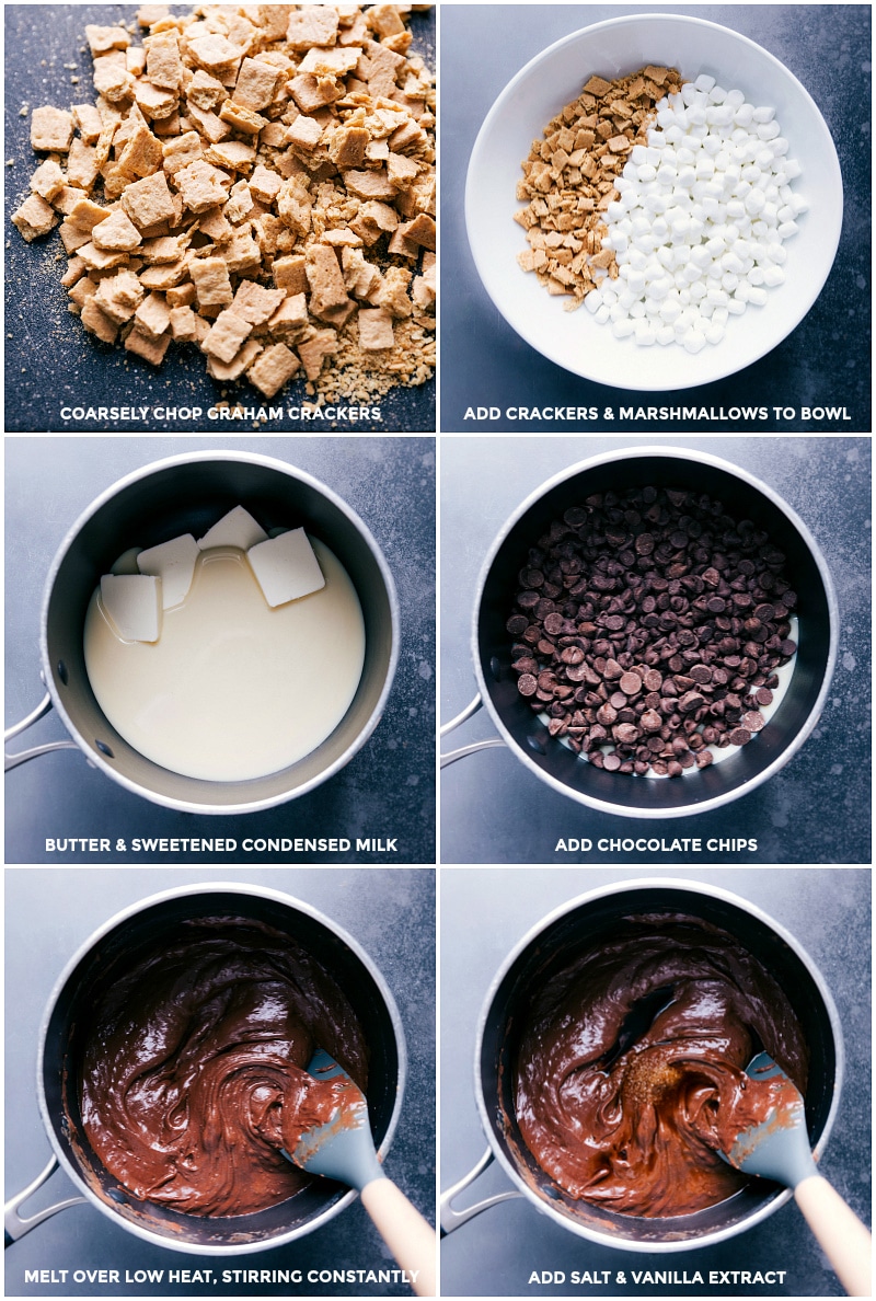 Process shots: chop the graham crackers, add in mini marshmallows; Het butter and sweetened condensed milk; add chocolate; melt over low heat; add salt and vanilla.