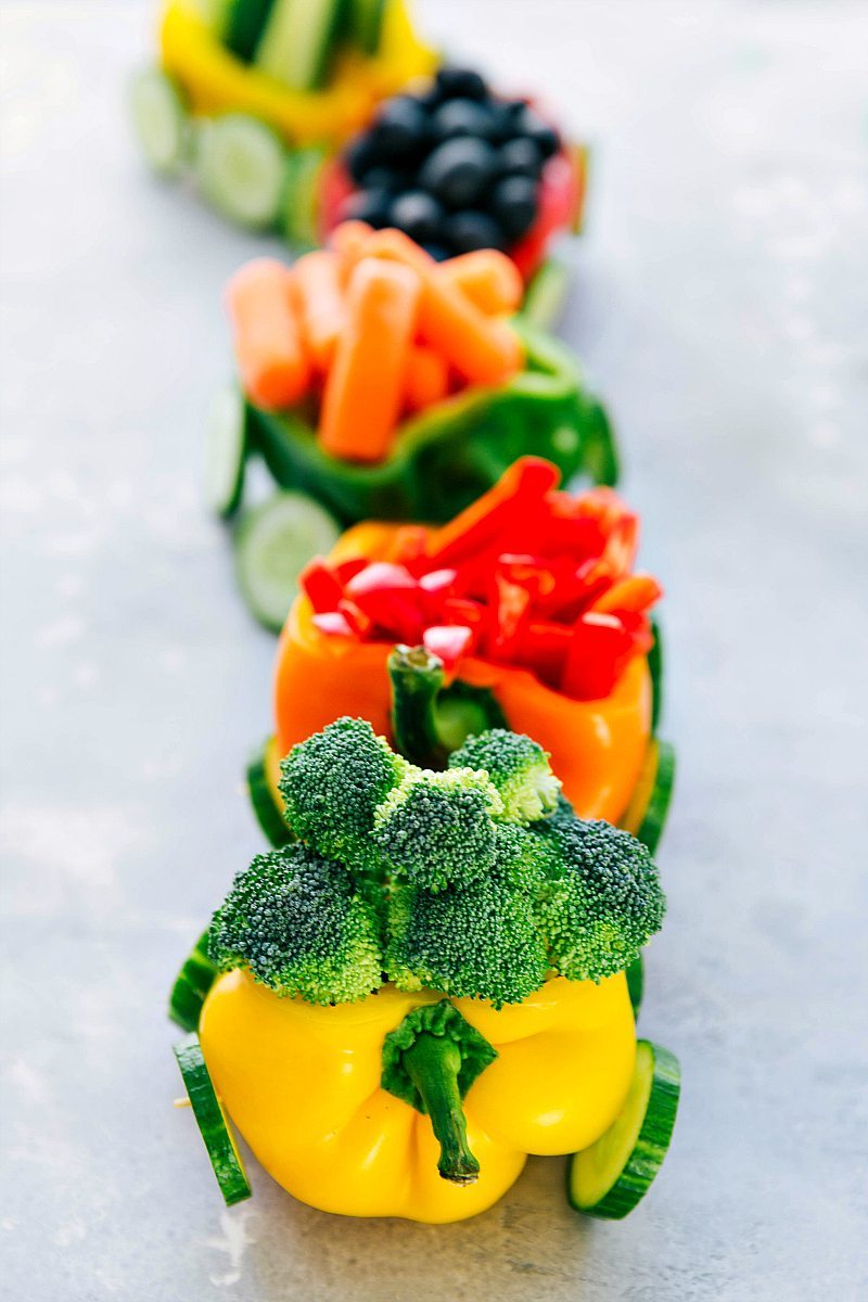 Vegetables arranged to look like a train make a fun veggie dip option for Christmas or birthday parties.