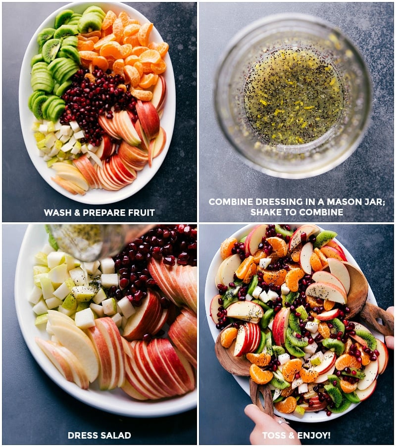 All the fruit going on the platter; the dressing being combined in a Mason jar and poured over the salad; all ingredients being tossed together.