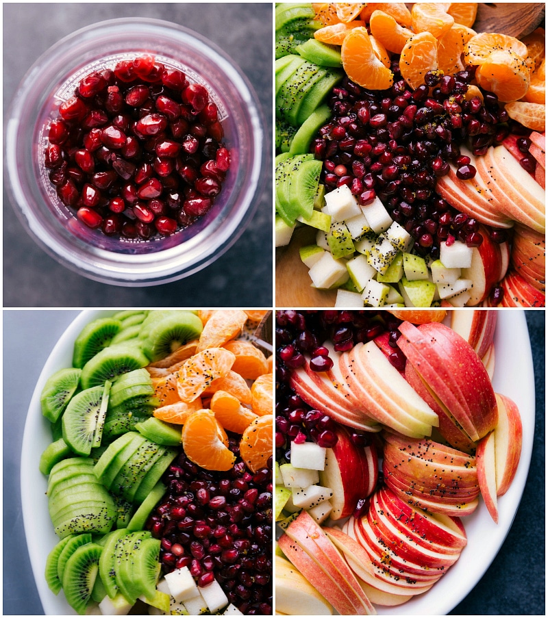 The delicious pomegranates, kiwis, and apples ready to be mixed together.