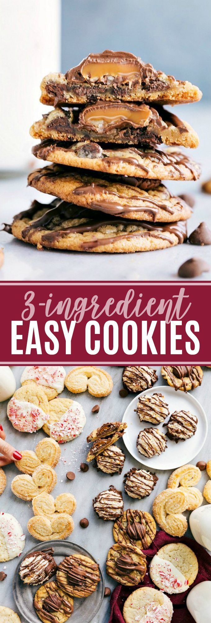 The ultimate BEST EVER 3-ingredient COOKIES!! These easy cookies are so delicious and everyone goes crazy over them! Turtle cookies, palmiers, chocolate-covered macaroons, and white chocolate peppermint sugar cookies via chelseasmessyapron.com | #christmas #cookie #dessert #three #3 #ingredient #ingredients #family #friendly #easy #quick #turtle #sugar #sugarcookie #peppermint #palmiers #desserts