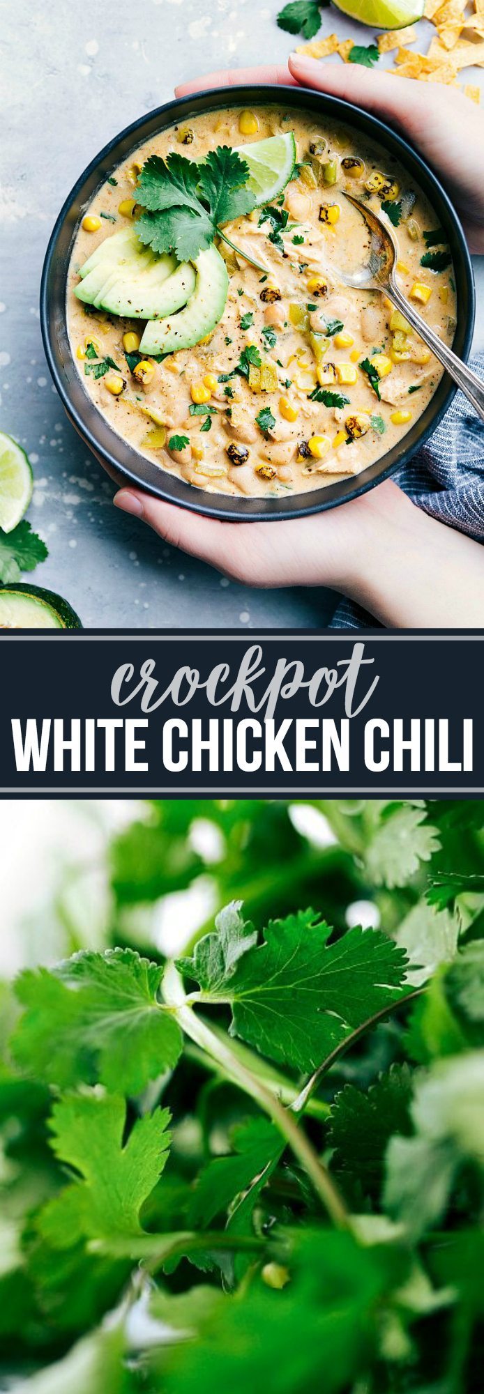 Deliciously creamy (and SO easy) slow cooker white chicken chili via chelseasmessyapron.com #setitandforgetit #crockpot #slowcooker #whitechicken #whitebean #chili #creamy #thick #easy #quick #kidfriendly #dinner