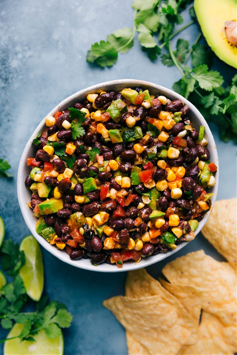 Overhead image of the black bean corn avocado salad