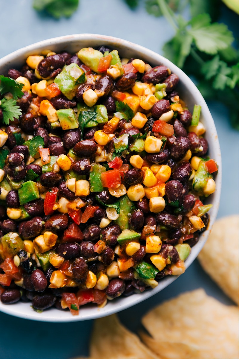 Up close overhead image of the black bean corn avocado salad