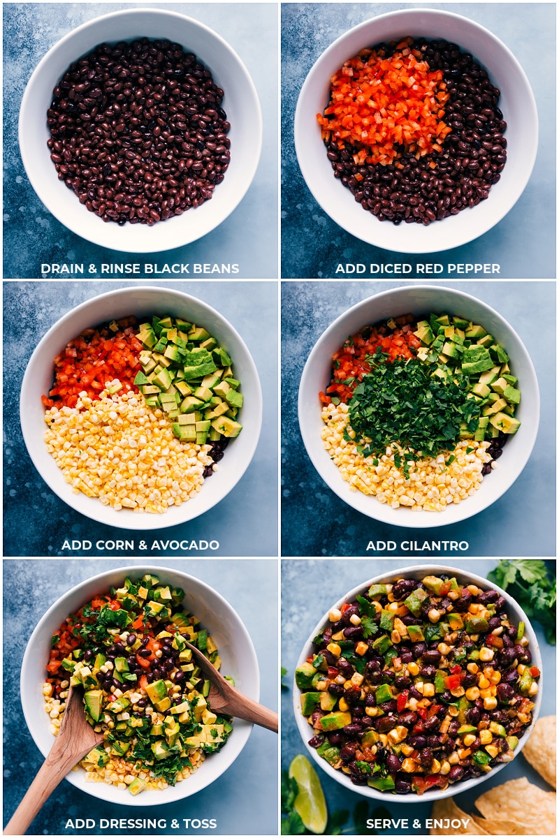 Process shots-- images of the black beans, red peppers, corn, avocado, cilantro, and dressing all being added to the bowl and mixed together