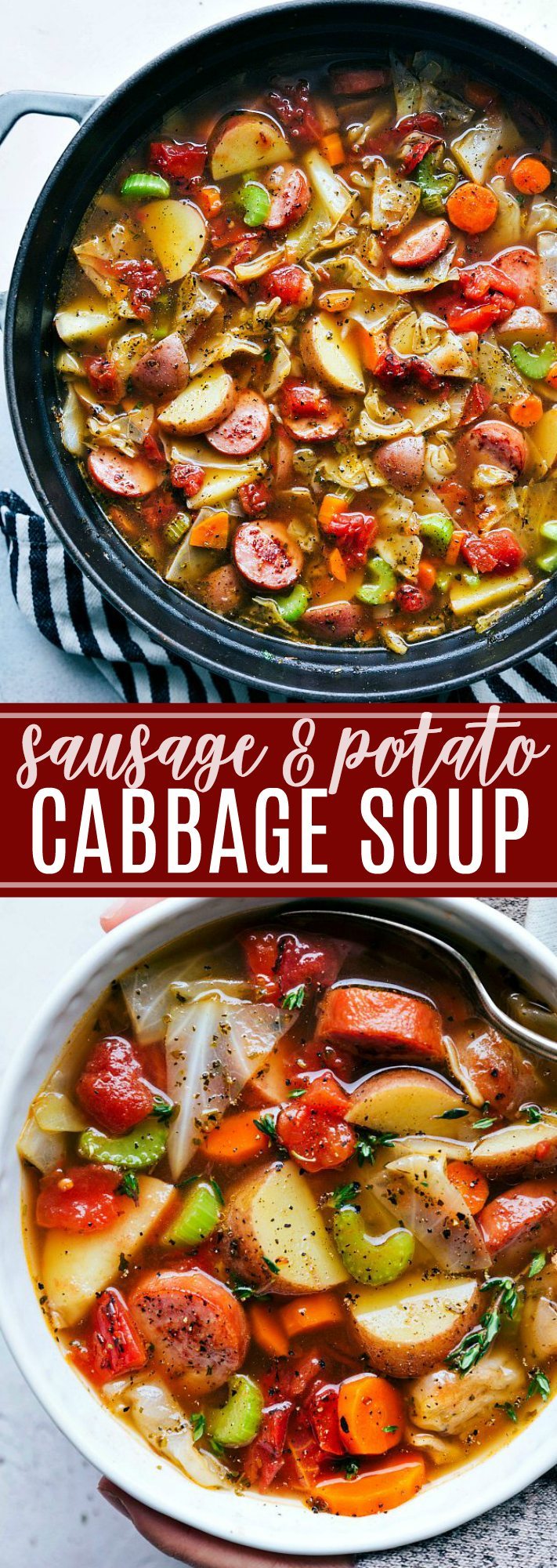 A thick and hearty sausage, potato, and cabbage soup; a healthy recipe that is packed with flavorful ingredients! chelseasmessyapron.com | #cabbage #soup #sausage #healthy #easy #quick #cabbagesoup #celery #carrots #potatoes