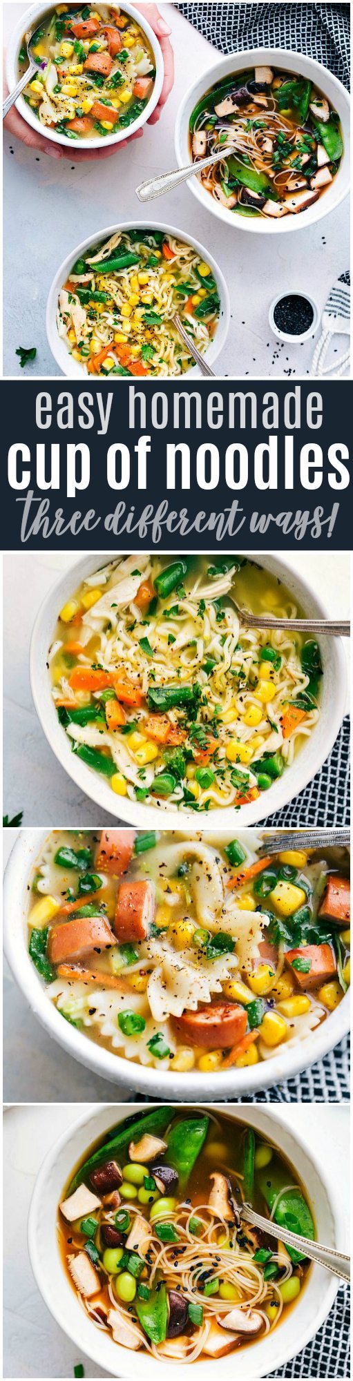 Easy and healthy homemade CUP OF NOODLES: three different ways! Recipe via chelseasmessyapron.com | #cupofnoodles #homemade #easy #quick #edamame #chicken #noodle #soups #soup #healthy #heart #kidfriendly