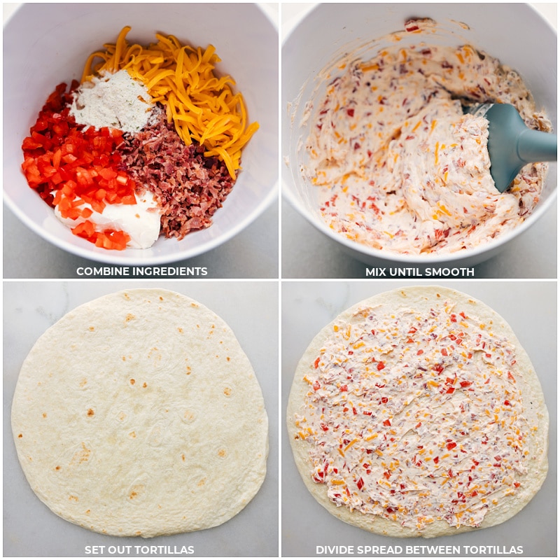 Process shots-- images of the cream sauce being made and spread on a tortilla
