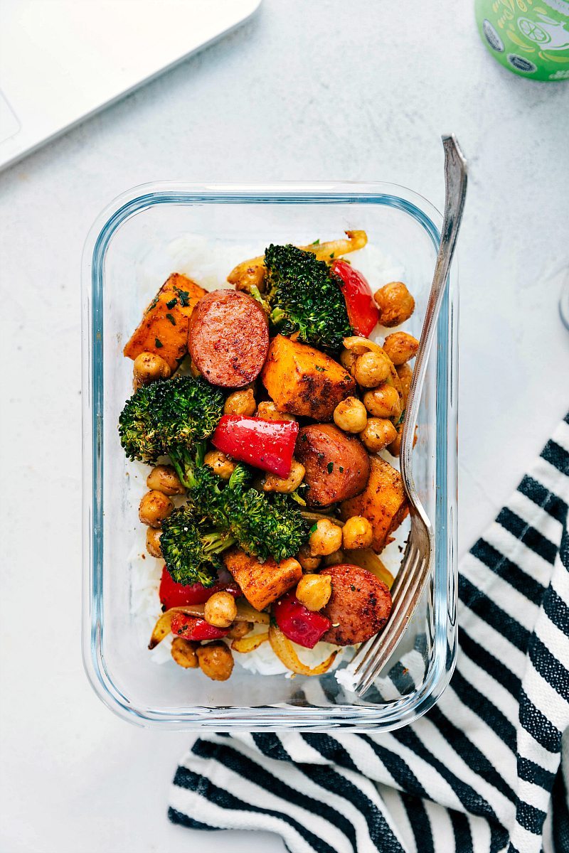 Image of Sausage and Chickpeas in a meal prep container showing different options for this recipe.
