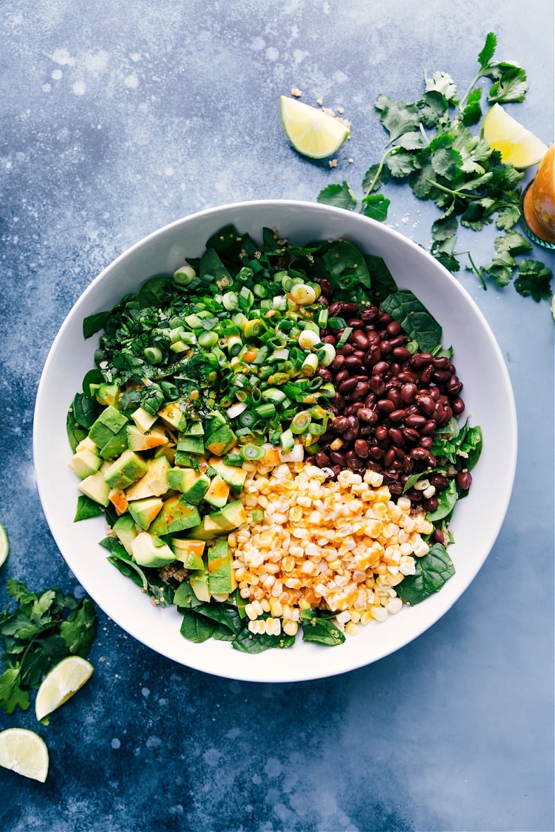 Overhead view of the ingredients for Quinoa Corn Salad.