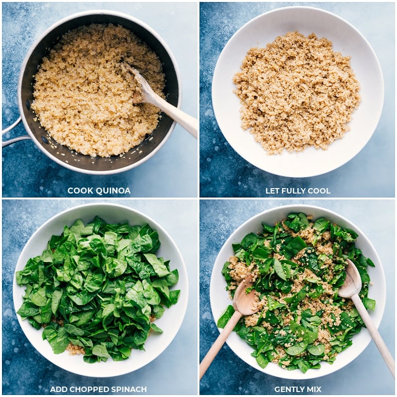 Process shots of this quinoa recipe-- cooking the quinoa; letting it cool; chopping spinach; adding it to the quinoa