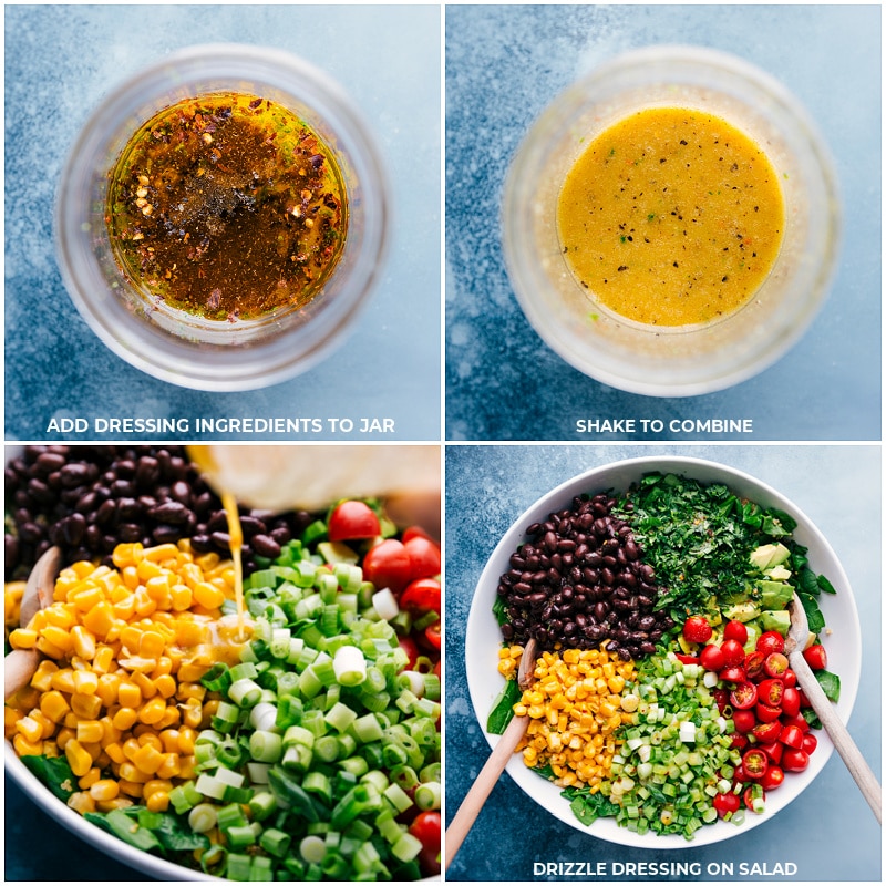 Process shots-- assembling dressing ingredients; shaking to combine; drizzle over salad; serve