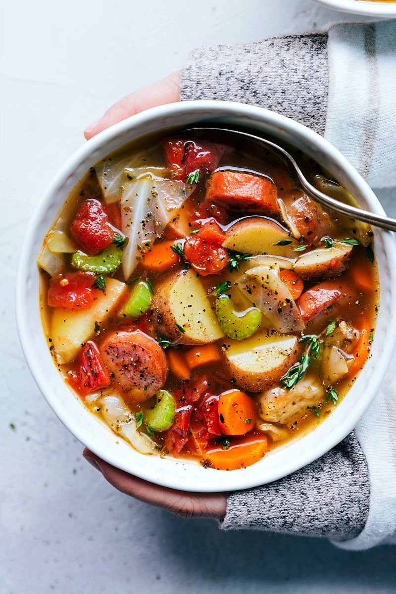 A thick and hearty sausage, potato, and cabbage soup; a healthy recipe that is packed with flavorful ingredients! chelseasmessyapron.com | #cabbage #soup #sausage #healthy #easy #quick #cabbagesoup #celery #carrots #potatoes #turkeysausage #easy #kidfriendly