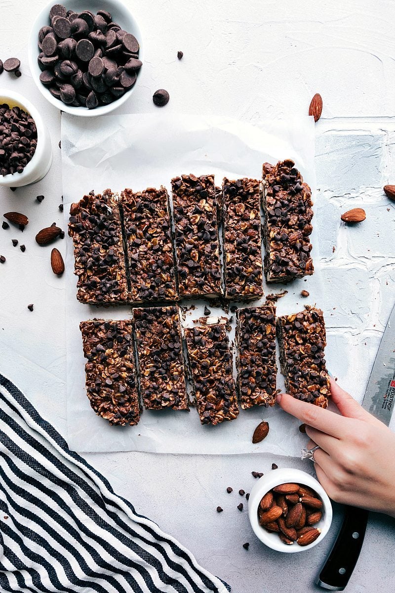 Finished chocolate granola bars, looking healthy and delicious.