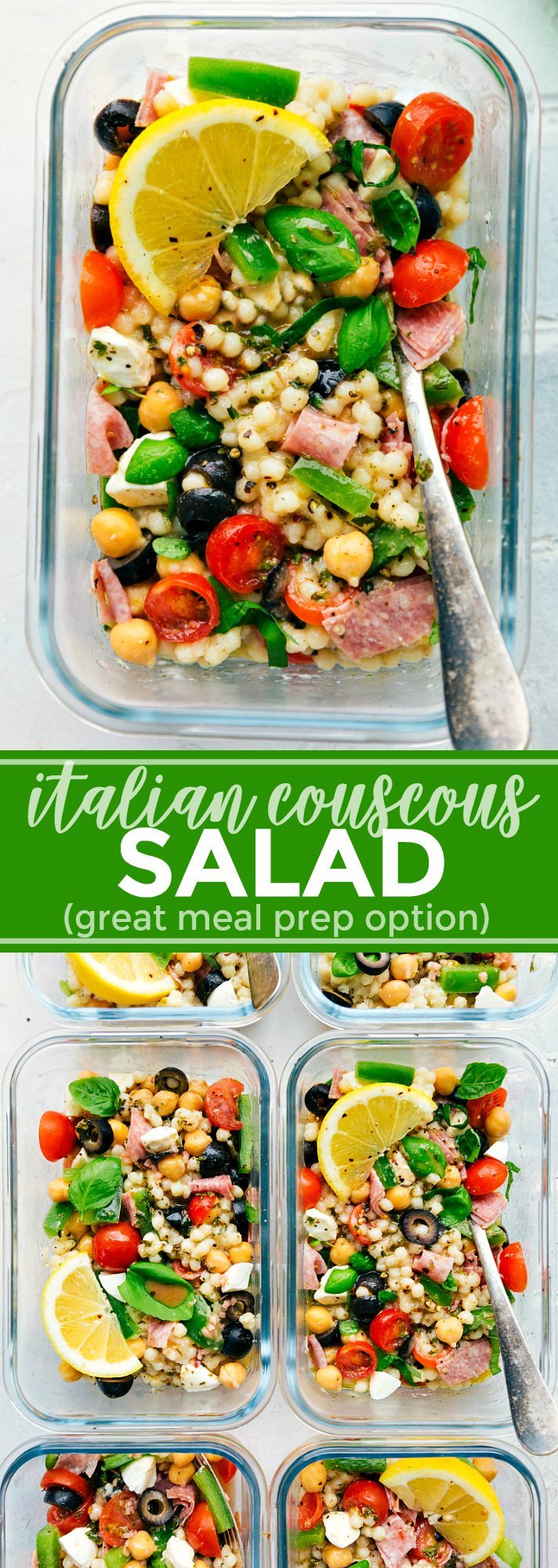 A healthy and simple Italian Couscous Salad that everyone will go crazy for! (Meal prep options and tips included) via chelseasmessyapron.com | #couscous #italian #salad #easy #quick #healthy #mealprep