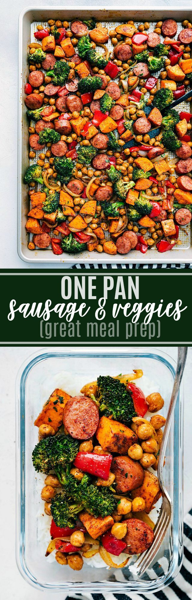 ONE PAN HEALTHY SAUSAGE AND VEGGIES | chelseasmessyapron.com | #sausage #veggies #onepan #easy #quick #fast #cleanup #minimal #chickpeas #sausage #broccoli #red pepper #onion #family #friendly #kid #meal #prep #healthy #simple #whole30