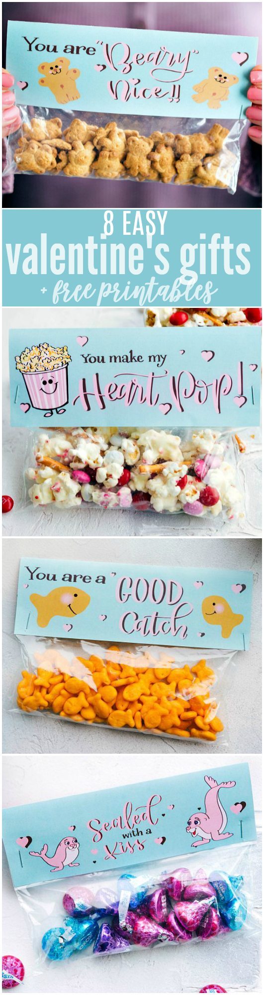 The CUTEST Valentine's Day Gifts -- so easy to make and FREE PRINTABLE bag toppers! via chelseasmessyapron.com | #valentines #bagtopper #easy #quick #free #printable #bag #topper #treat #dessert #smore #beary #nice #treat #candy #snack