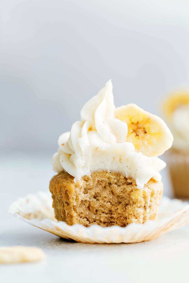 Up-close photo of Banana Cupcake with bite taken out of it