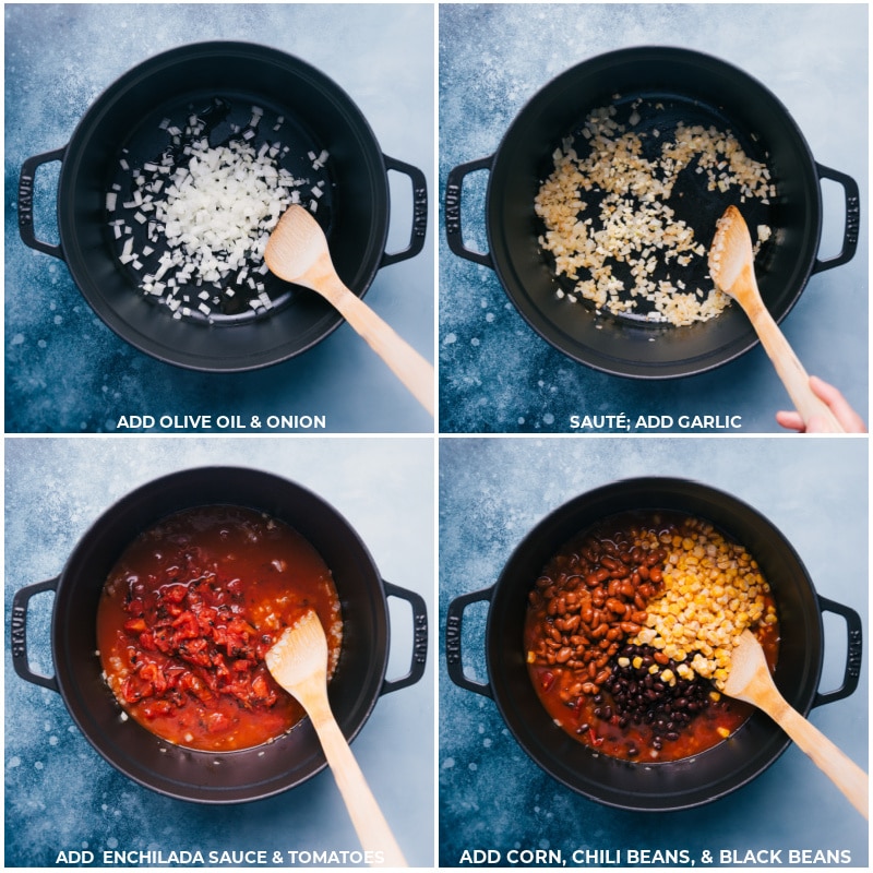 Process shots-- images of the onion, garlic, enchilada sauce, tomatoes, corn, chili beans, and black beans being added to a pot