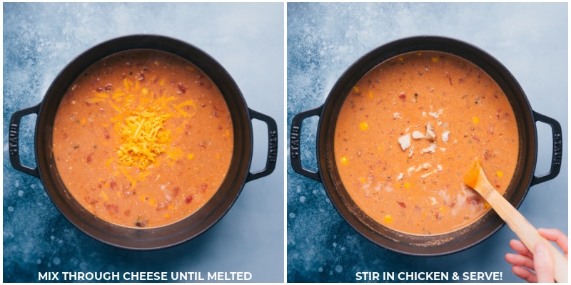 Process shots-- images of the cheese and chicken being added to the pot and mixed together