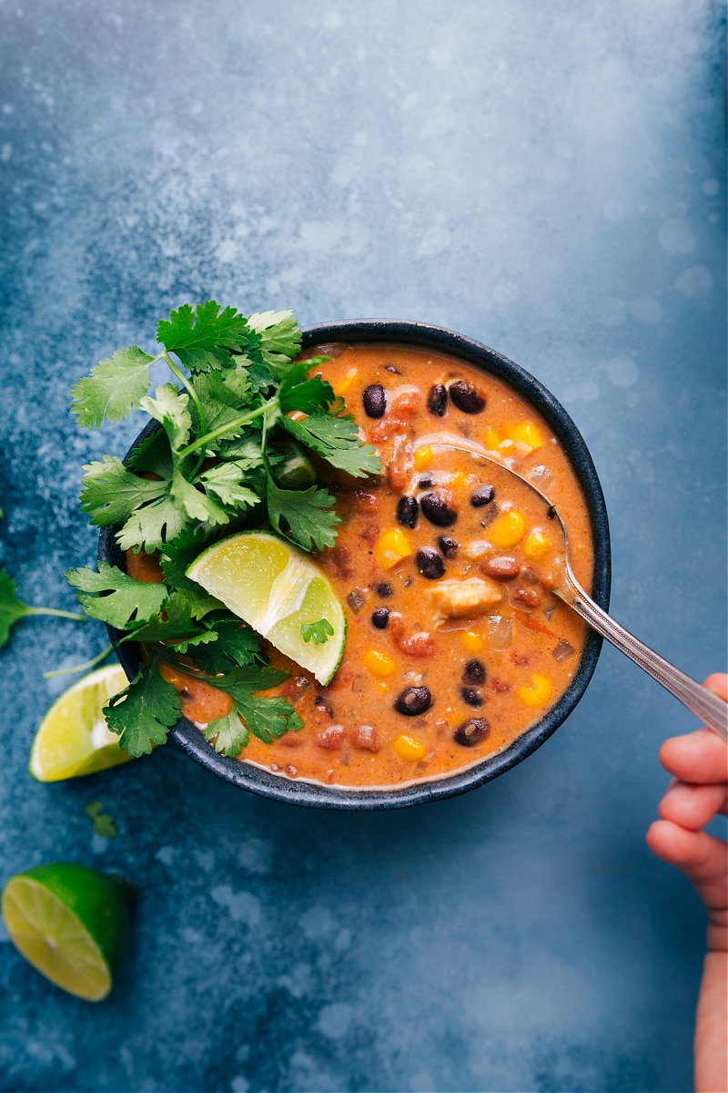 This Chicken Tortilla Soup is an explosion of flavor and better than any restaurant version! With a few shortcuts, this soup can be ready and on the table in about 20 minutes, making it the perfect easy weeknight meal! We've got savory black beans, tender chicken, crisp corn, loads of cheesy goodness, and finish it off with crunchy tortilla strips -- yum! Recipe via ChelseasMessyApron #dinner #quick #easy #simple #best #familyfriendly #comfortfood #chili #20minutes #chicken #tortilla #soup Overhead image of Chicken Tortilla Soup