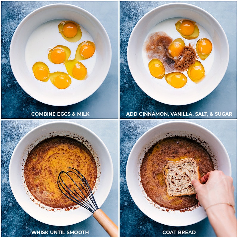 Process shots-- Creating the egg mixture and dipping bread in it