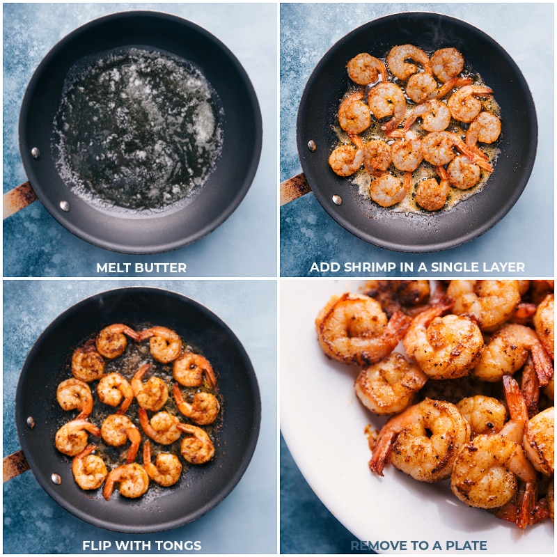 Process shots-- images of the shrimp being cooked and then flipped and transferred to a plate