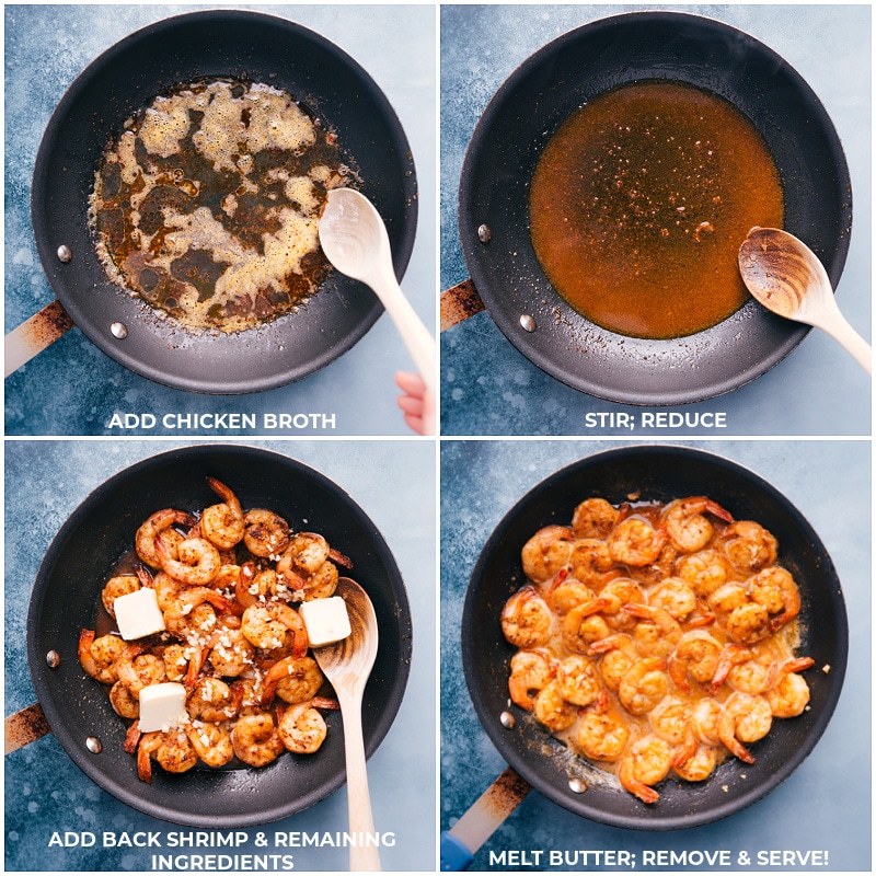 Process shots of lemon garlic shrimp: add chicken broth to the pan; stir and reduce the sauce; add shrimp and remaining ingredients to the pan; melt butter and serve.
