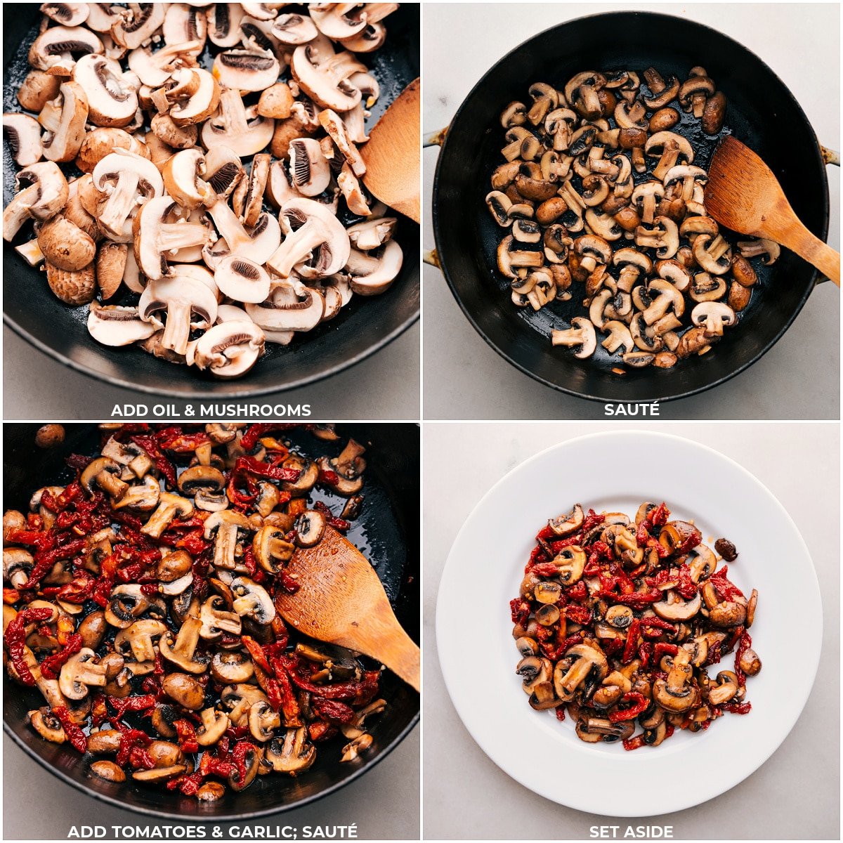 Oil, mushrooms, tomatoes, and garlic being sautéed and transferred to a plate for this Marry Me Chicken Tortellini. 