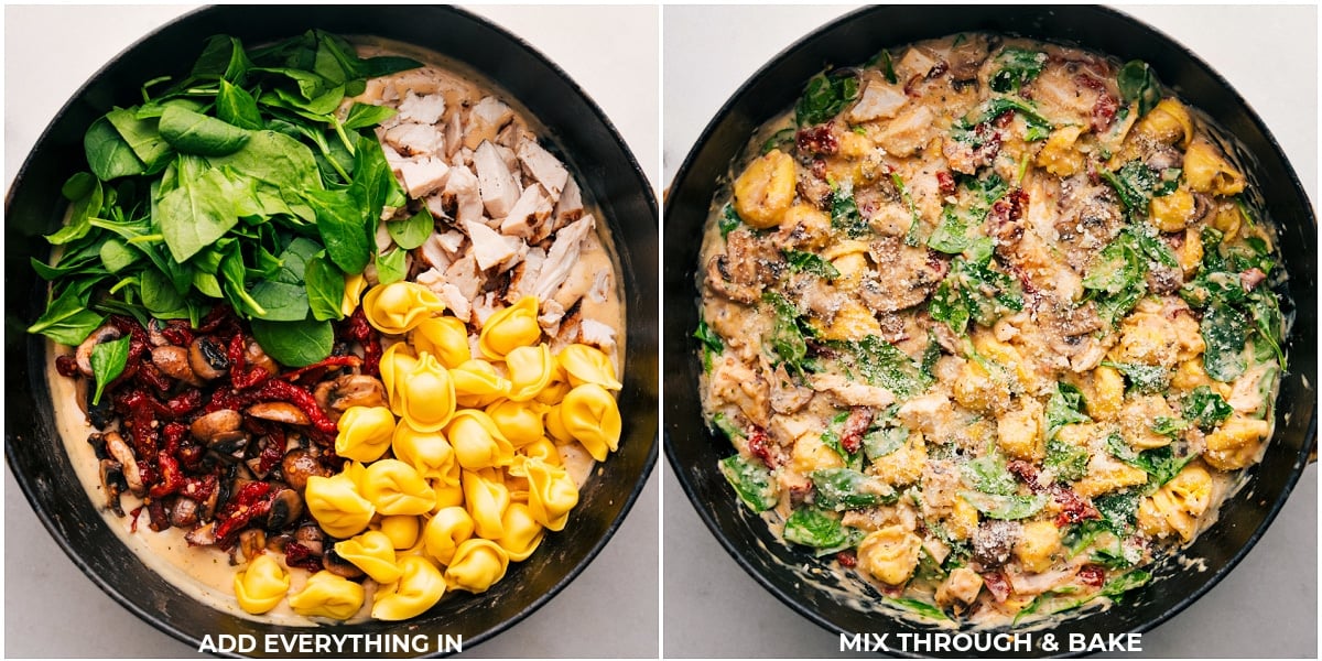 Adding all the ingredients into the pot for this Marry Me Chicken Tortellini.