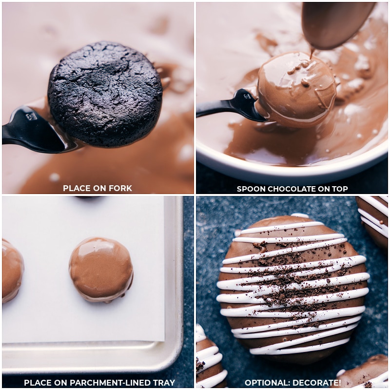 Process shots-- images of the cookie being dipped in chocolate and then white chocolate being drizzled over it