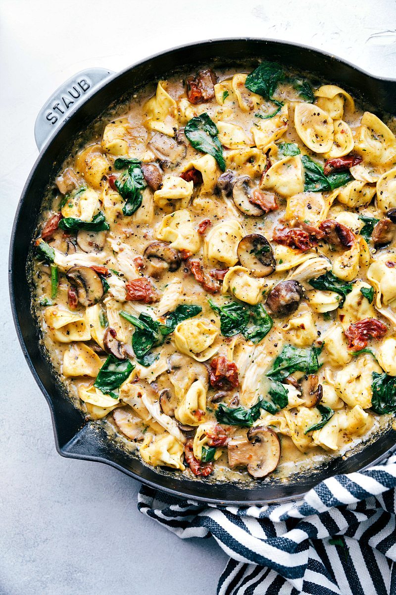 ONE SKILLET creamy chicken, sundried tomatoes, and tortellini. Healthier ingredients and all the flavor! via chelseasmessyapron.com #skillet #chicken #oneskillet #easy #quick #dinner #tomato #sundried #tortellini #30minute #dinner #recipe #kidfriendly