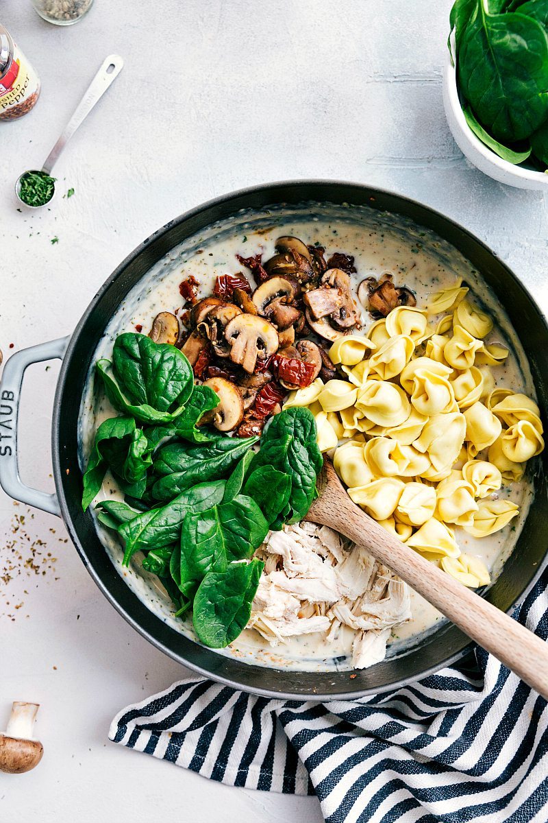ONE SKILLET creamy chicken, sundried tomatoes, and tortellini. Healthier ingredients and all the flavor! via chelseasmessyapron.com #skillet #chicken #oneskillet #easy #quick #dinner #tomato #sundried #tortellini #30minute #dinner #recipe #kidfriendly #mushroom #spinach