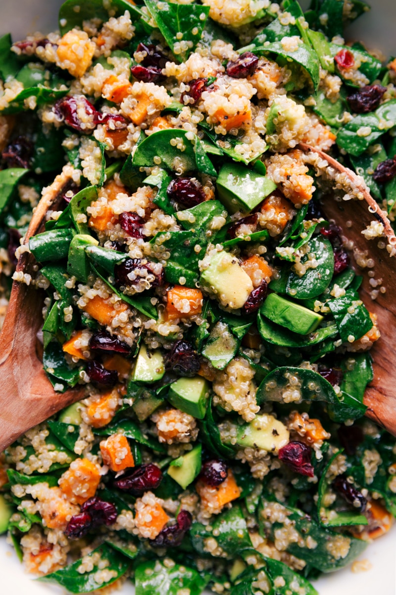 Up-close overhead image of Sweet Potato Quinoa Salad tossed together and ready to be eaten.