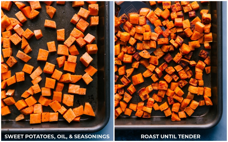 Process shots-- images of the potatoes being seasoned and roasted.