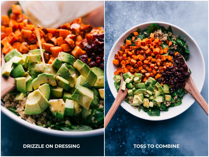 Image of the dressing being poured over the sweet potato quinoa salad and it being tossed to combine