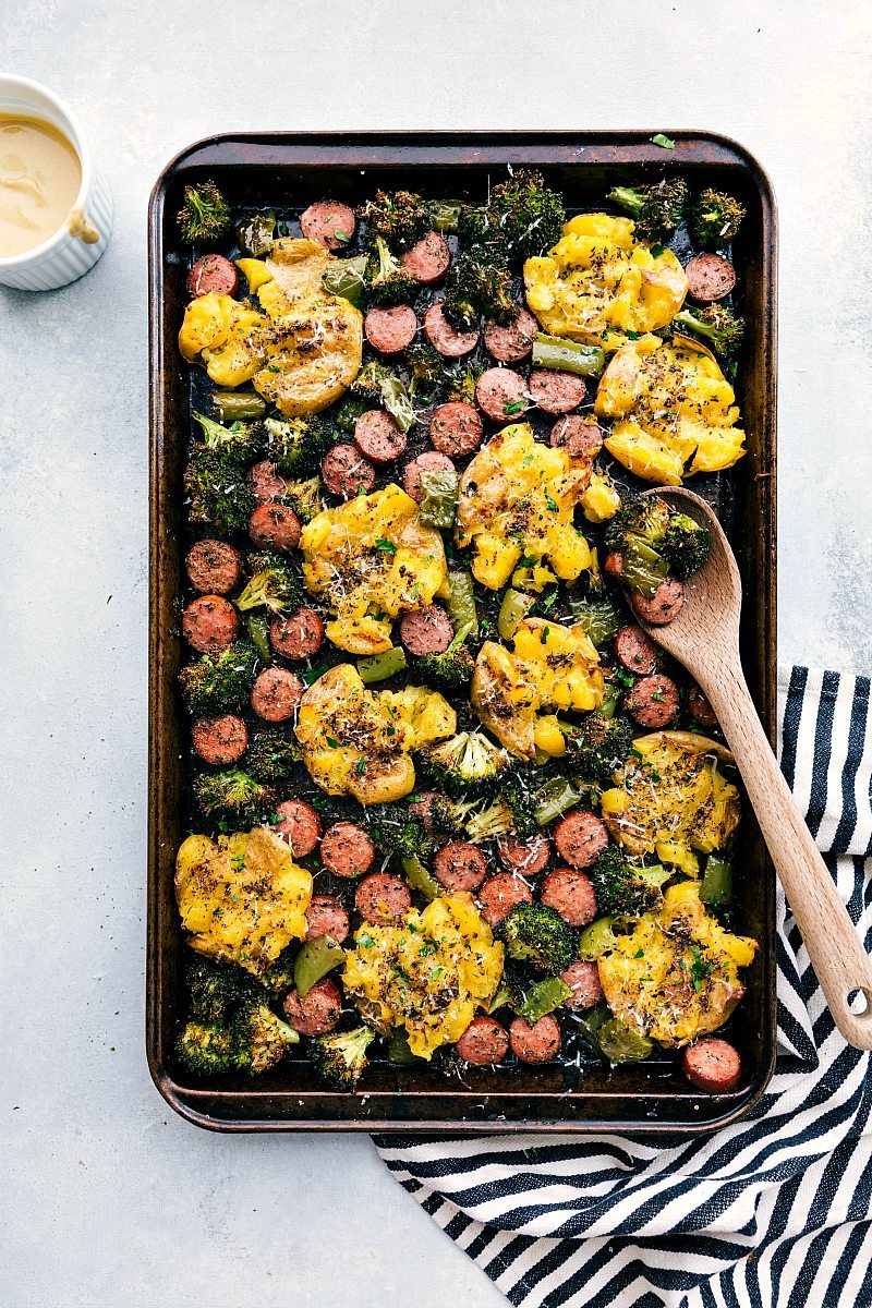 Sheet Pan Sausage, Broccoli, Green Pepper, and Crispy Smashed Potatoes