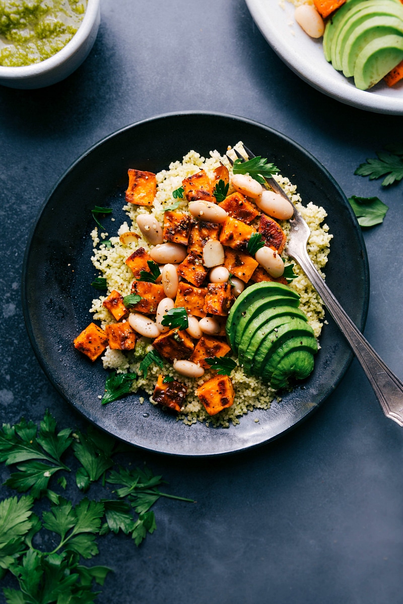 Overhead image of Sweet Potato Couscous on a plate, ready to be eaten.