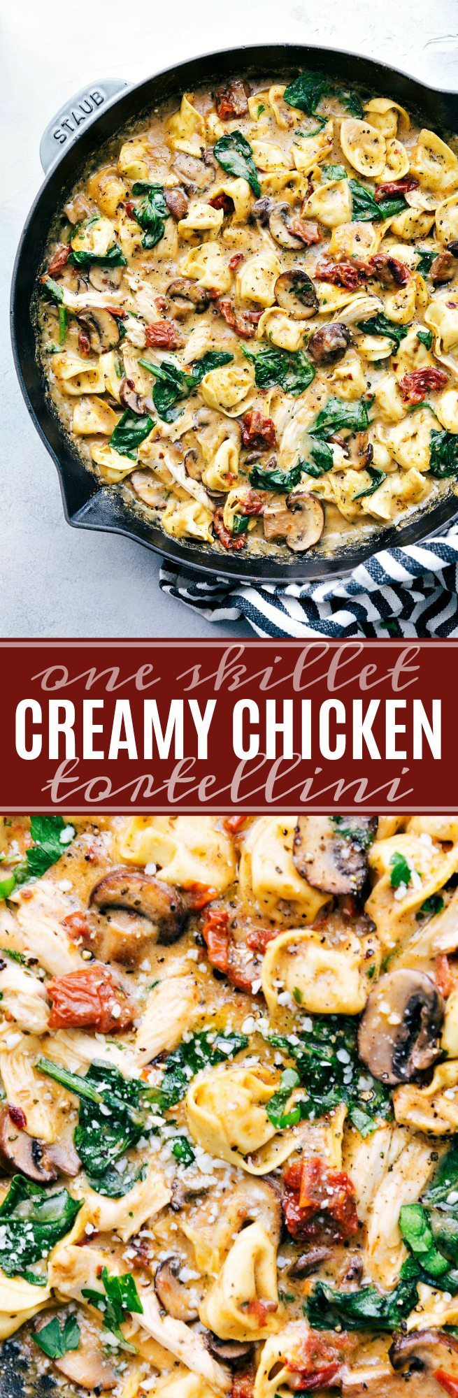 ONE SKILLET creamy chicken, sundried tomatoes, and tortellini. Healthier ingredients and all the flavor! via chelseasmessyapron.com #skillet #chicken #oneskillet #easy #quick #dinner #tomato #sundried #tortellini #30minute #dinner #recipe #kidfriendly