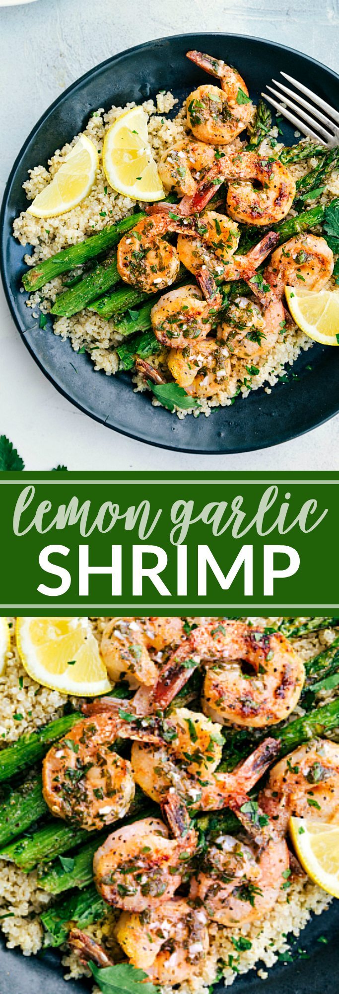 Simple and DELICIOUS Lemon Garlic Shrimp with the best butter sauce! via chelseasmessyapron.com #shrimp #garlic #butter #dinner #easy #30minutes #roasted #asparagus #easy #quick #kidfriendly