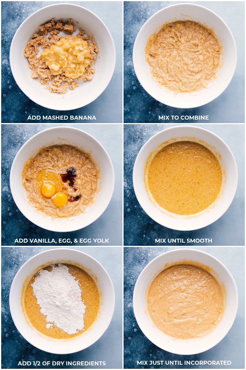 Adding mashed banana and other ingredients to the batter.