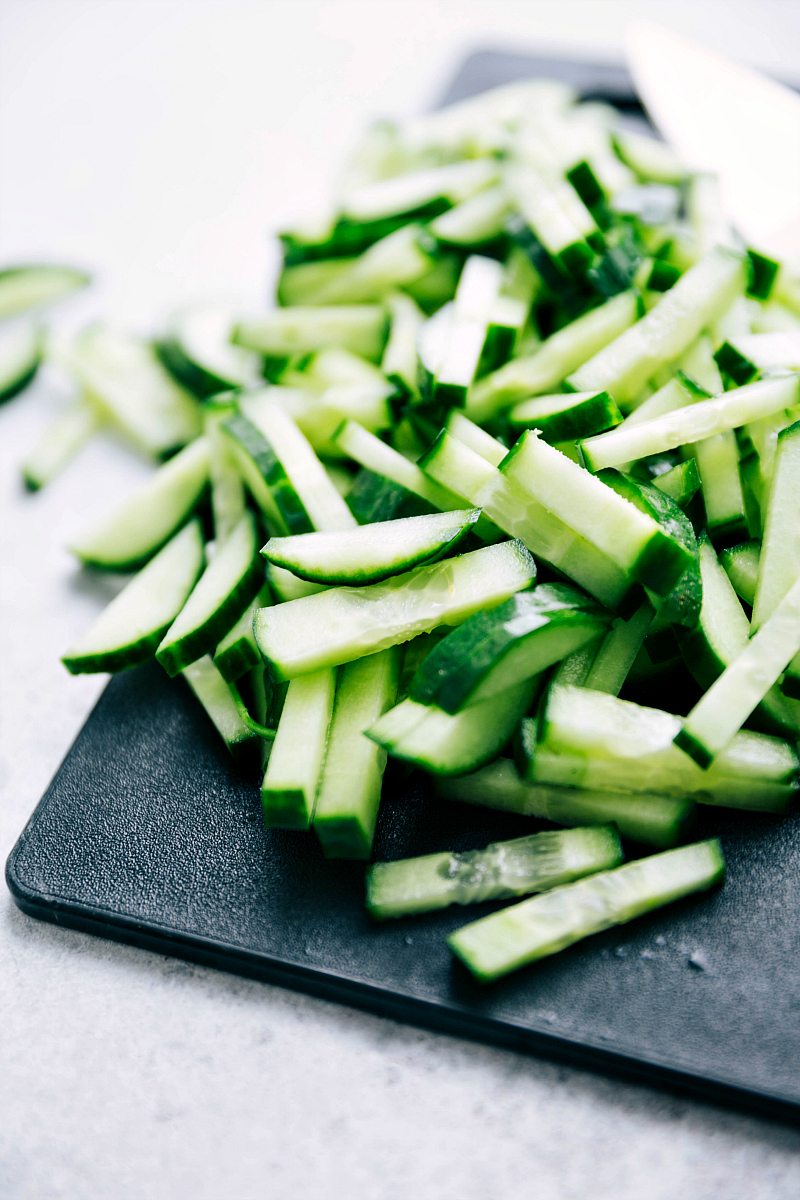 Up close picture of cucumbers for banh mi bowls