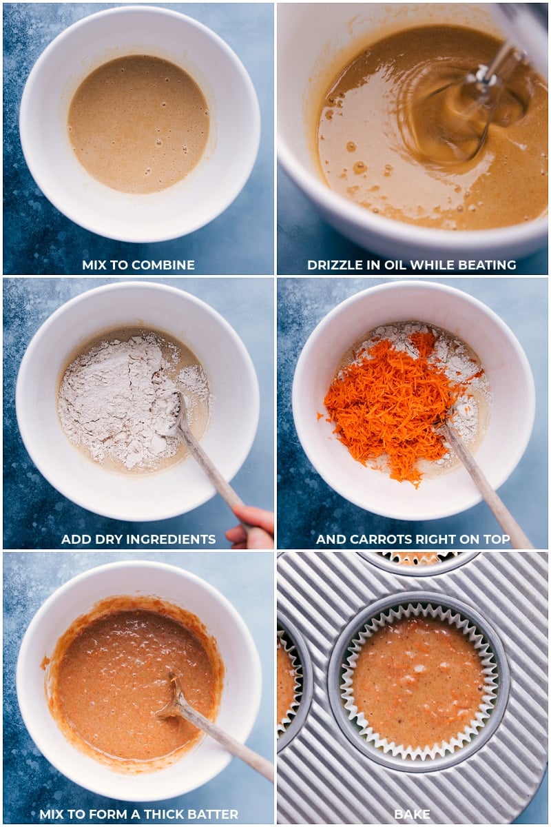 Wet and dry ingredients being combined and mixed together and then added to a prepared muffin pan to bake.